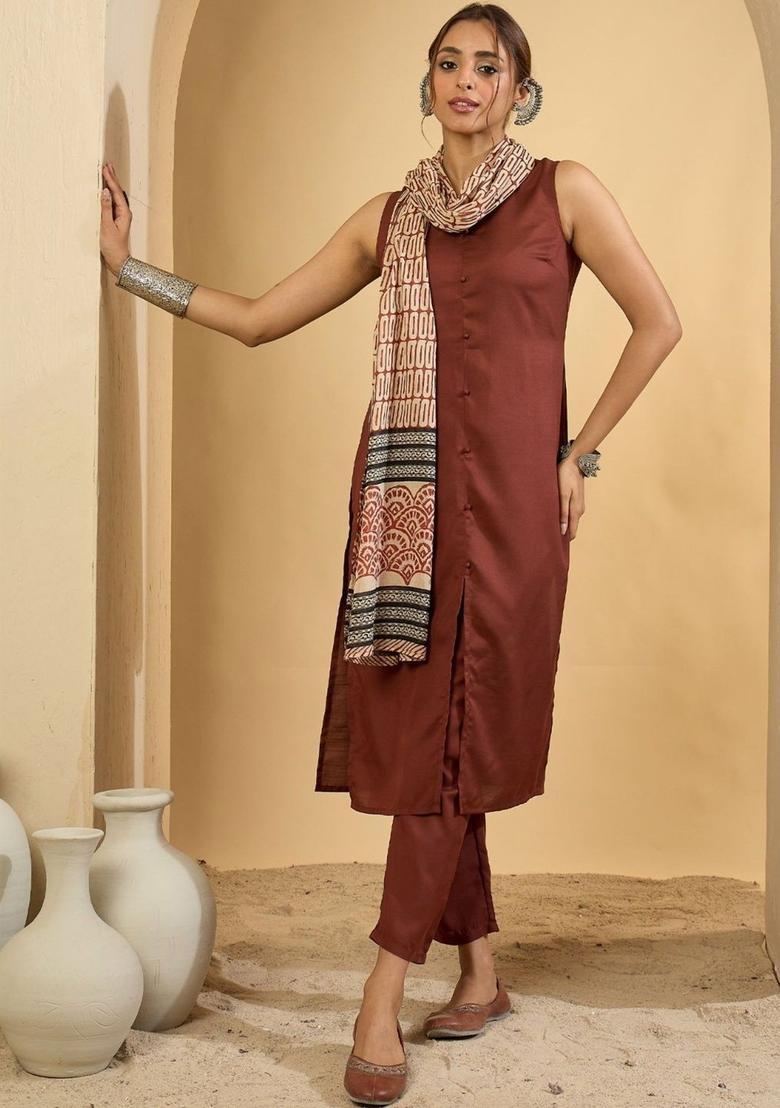 Maroon Solid Viscose Kurta Set - Indya