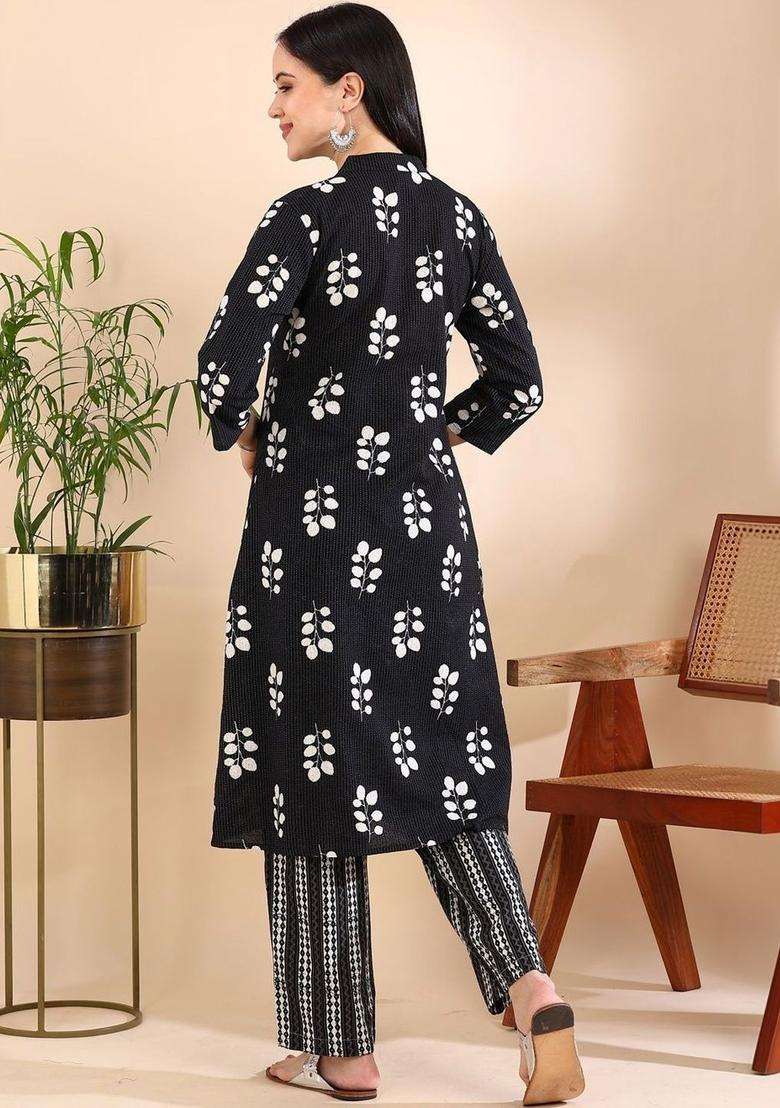 Black Printed Cotton Kurta Set - Indya