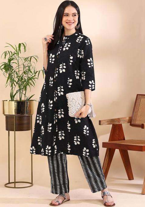 Black Printed Cotton Kurta Set