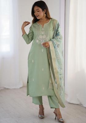 Green Embroidered Polyester Kurta Set