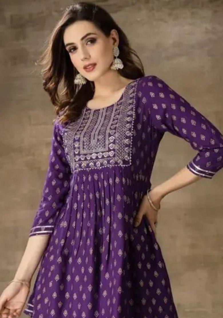 Purple Printed Viscose Kurta Set - Indya