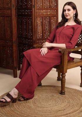 Maroon Woven Design Silk Kurta Set