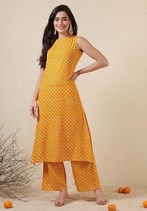 Yellow Printed Viscose Kurta Set — view on Indya