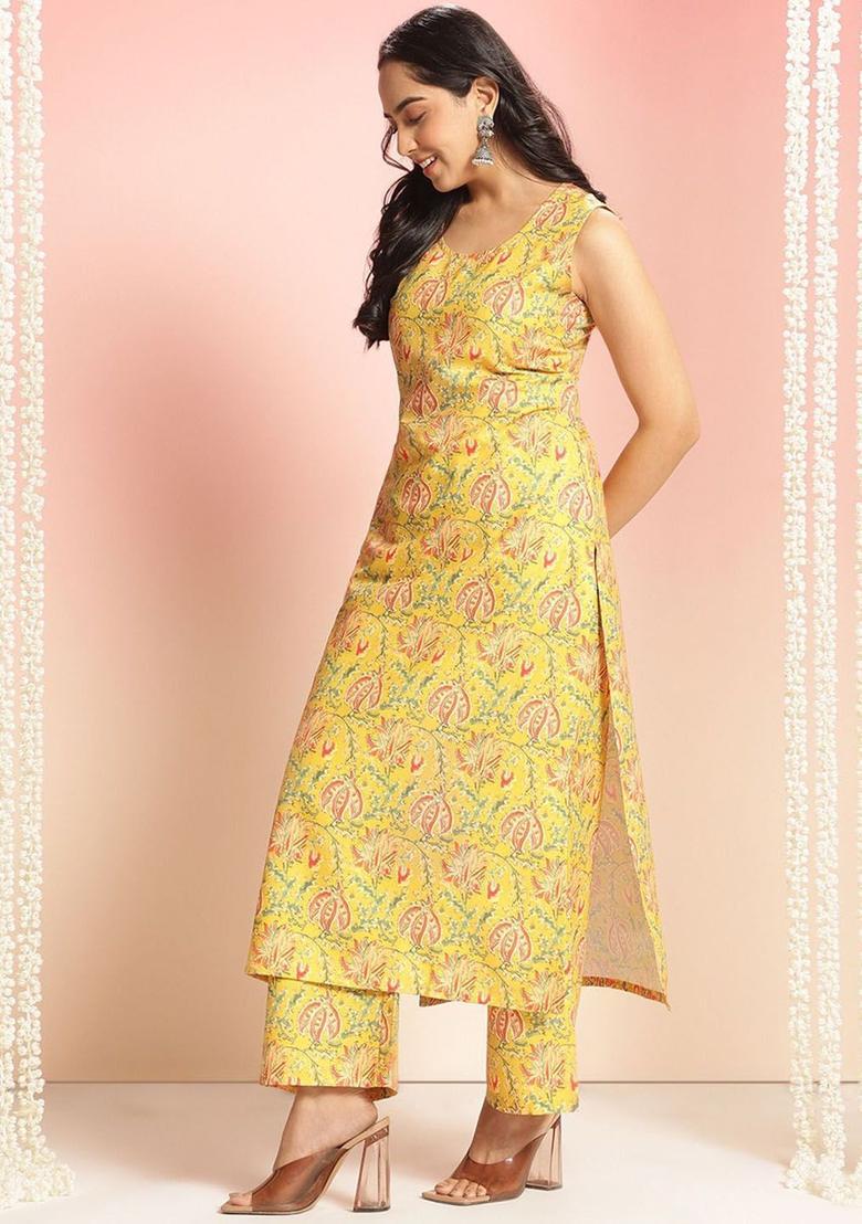 Yellow Printed Viscose Kurta Set - Indya
