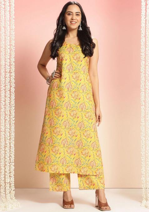 Yellow Printed Viscose Kurta Set — view on Indya