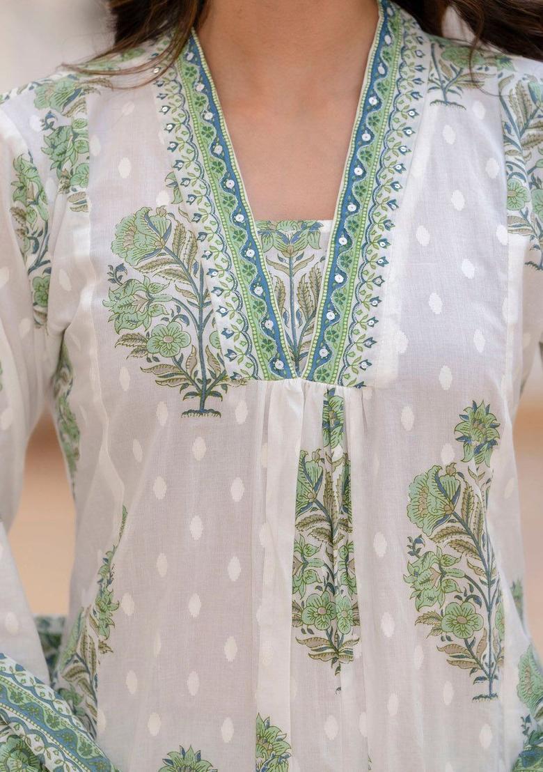 White Printed Cotton Kurta Set - Indya