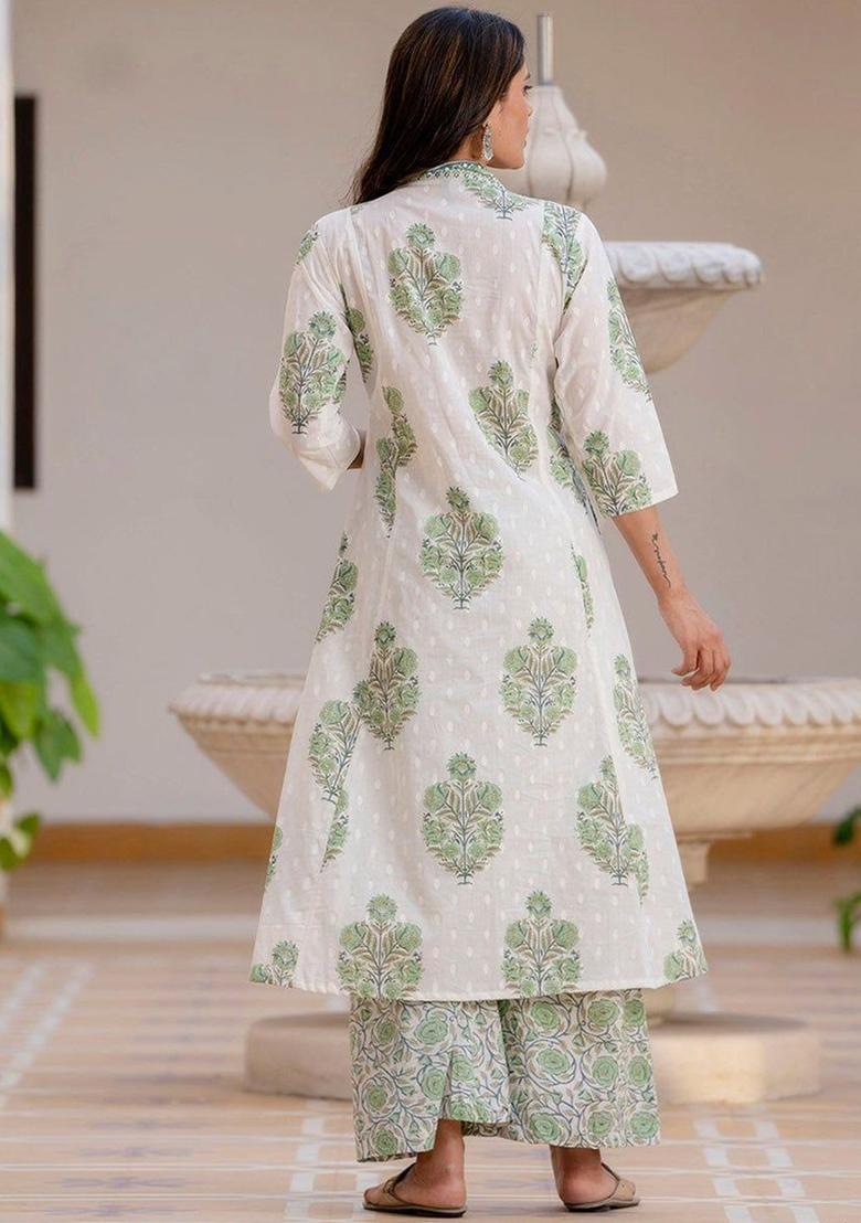 White Printed Cotton Kurta Set - Indya
