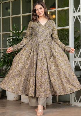 Olive Printed Viscose Kurta Set
