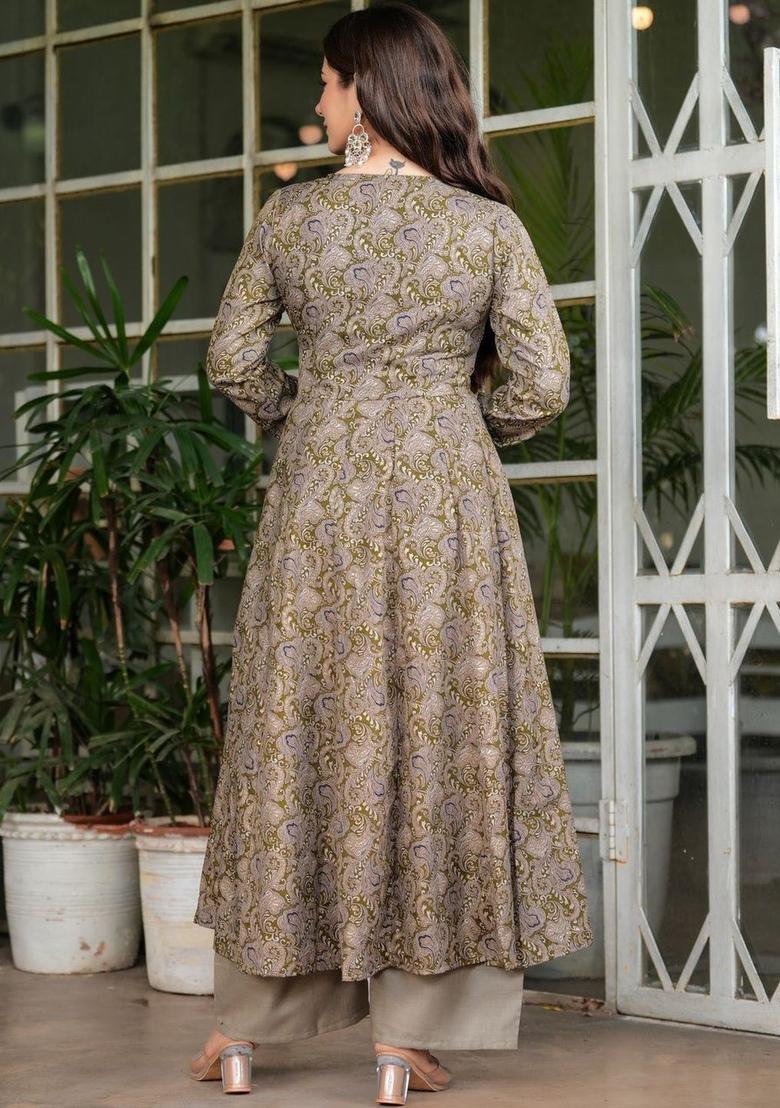 Olive Printed Viscose Kurta Set - Indya