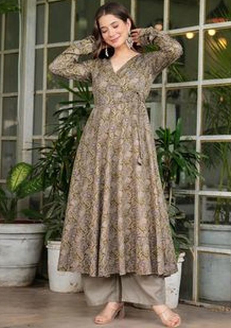 Olive Printed Viscose Kurta Set - Indya