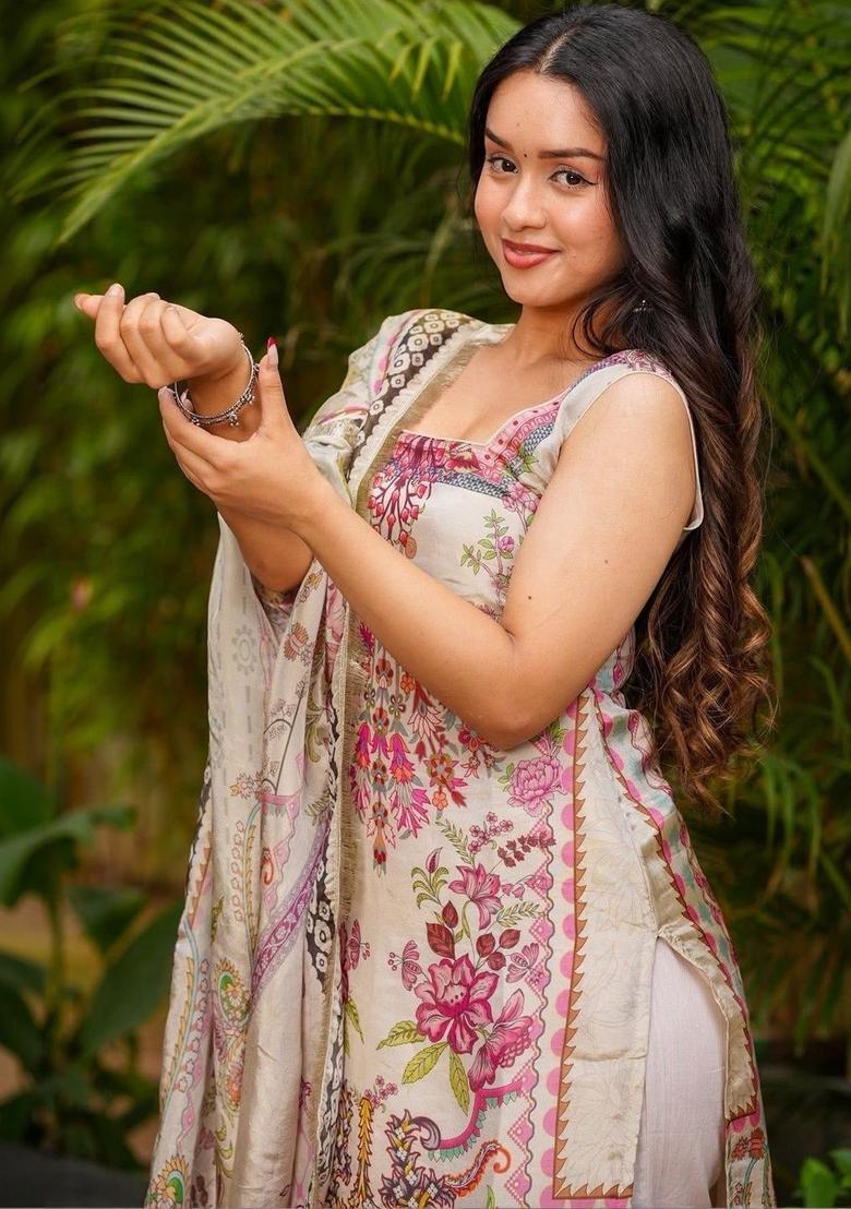 White Printed Crepe Kurta Set - Indya