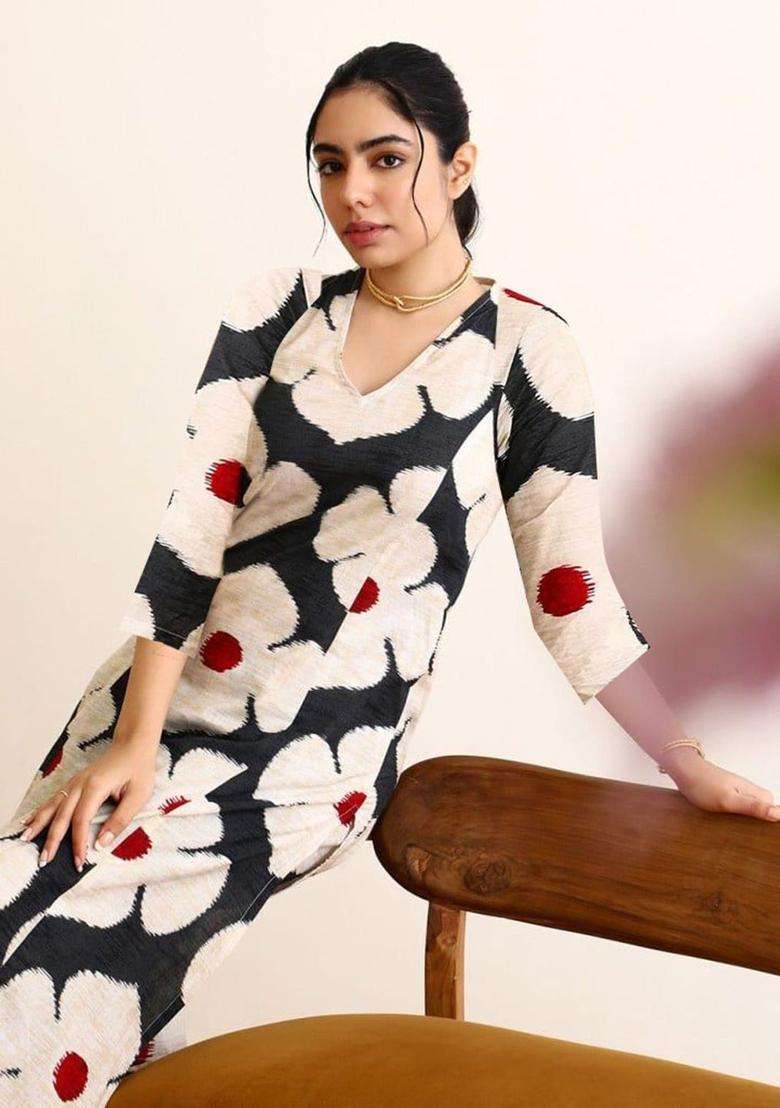 Black Printed Cotton Kurta Set - Indya