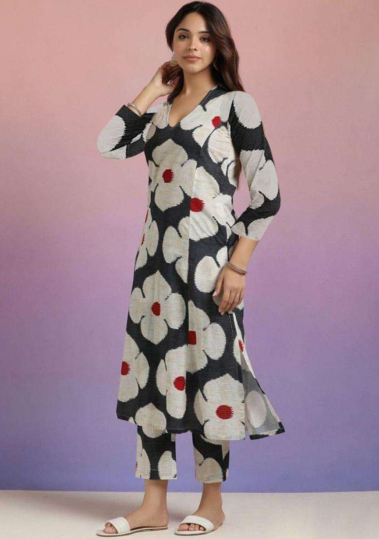 Black Printed Cotton Kurta Set - Indya