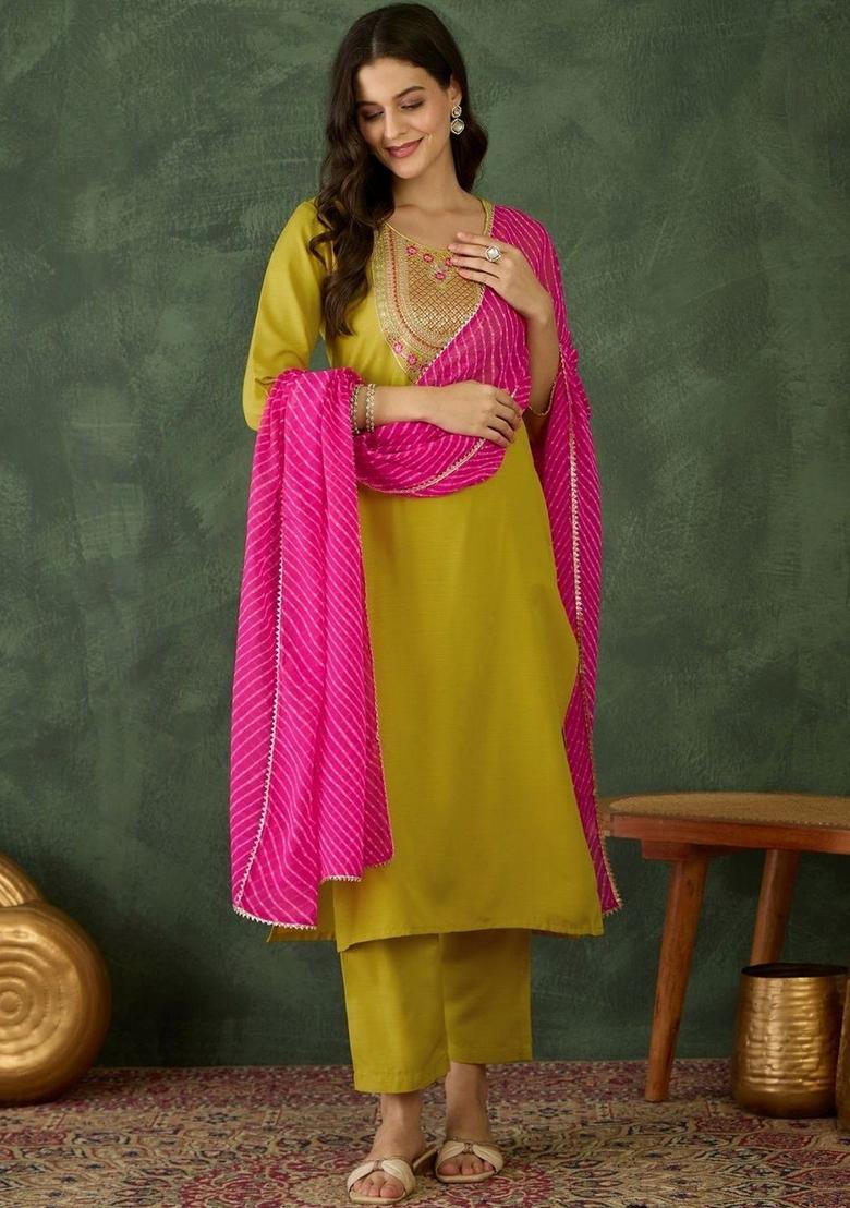 Green Embroidered Viscose Kurta Set - Indya