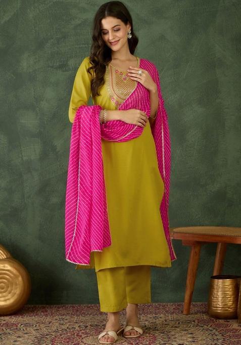 Green Embroidered Viscose Kurta Set — view on Indya