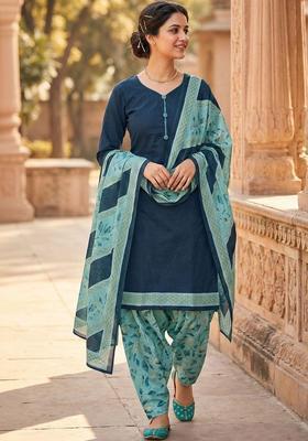 Blue Self Design Cotton Kurta Set