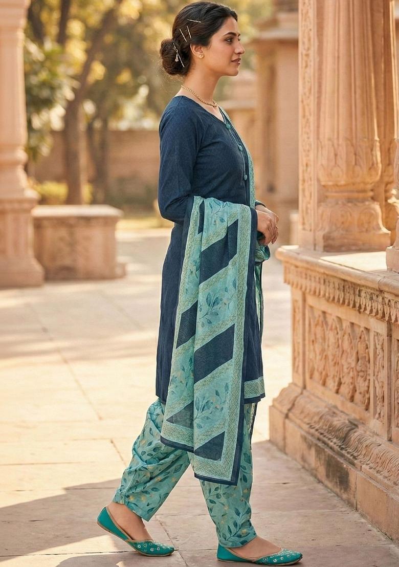 Blue Self Design Cotton Kurta Set - Indya