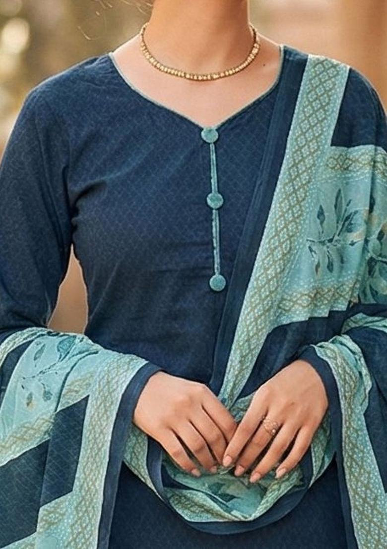 Blue Self Design Cotton Kurta Set - Indya