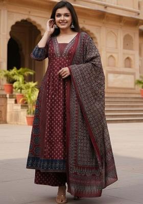 Maroon Printed Polyester Kurta Set