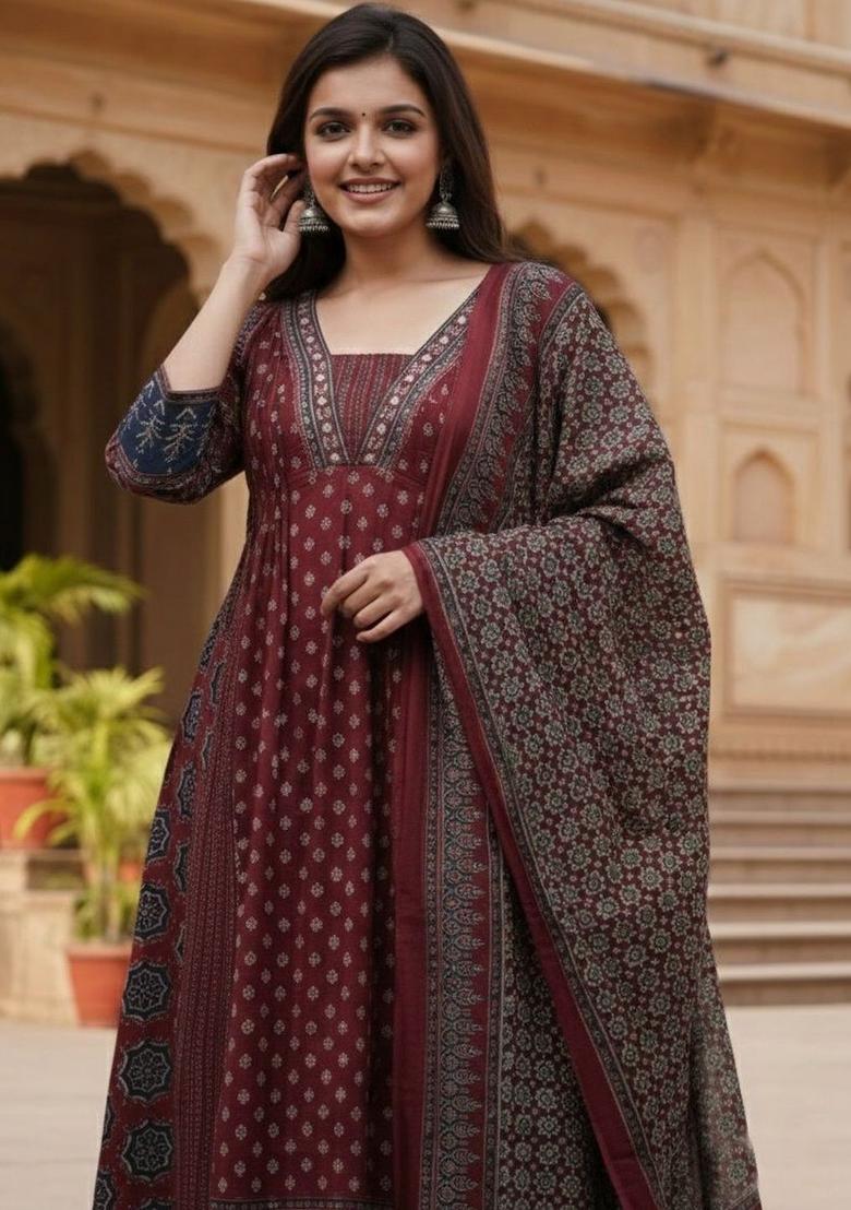 Maroon Printed Polyester Kurta Set - Indya
