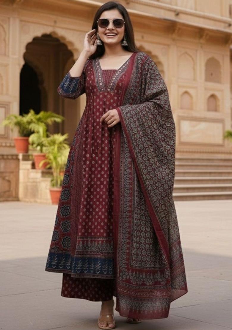 Maroon Printed Polyester Kurta Set - Indya