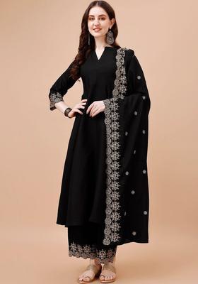 Black Embroidered Viscose Kurta Set