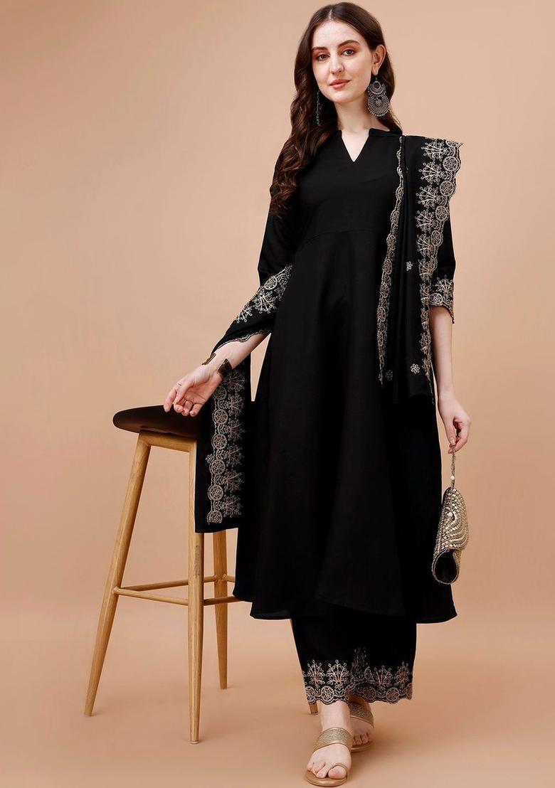 Black Embroidered Viscose Kurta Set - Indya