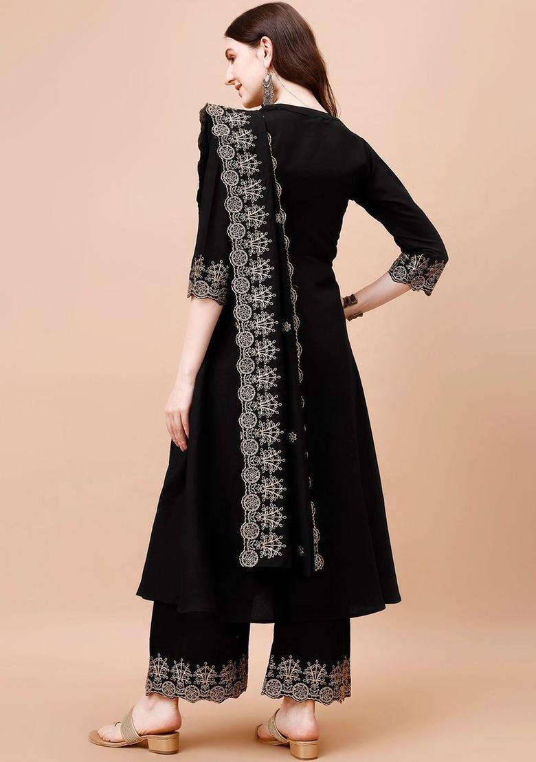 Black Embroidered Viscose Kurta Set - Indya