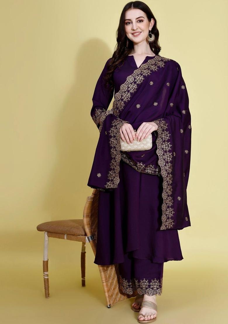 Purple Solid Viscose Kurta Set - Indya
