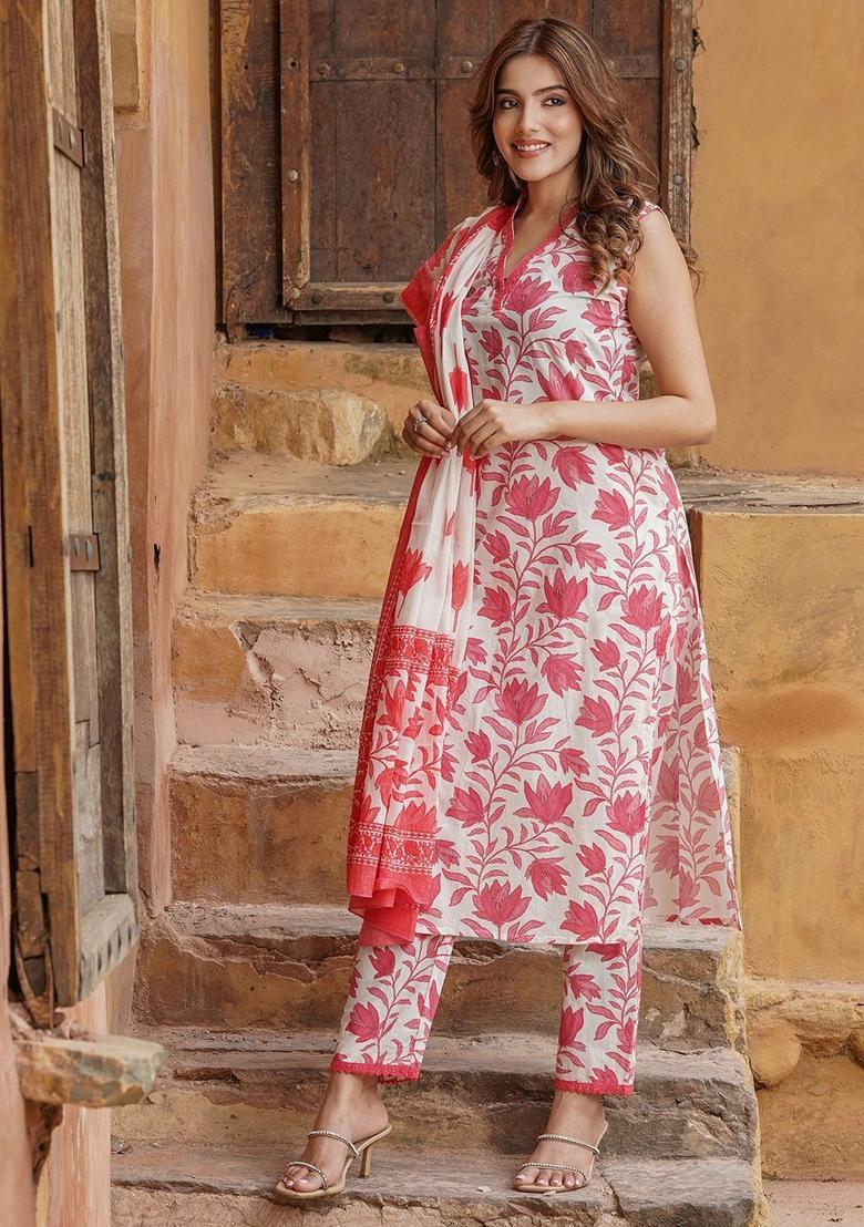 Red Printed Cotton Kurta Set - Indya