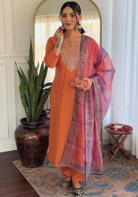 Orange Yoke Design Viscose Kurta Set
