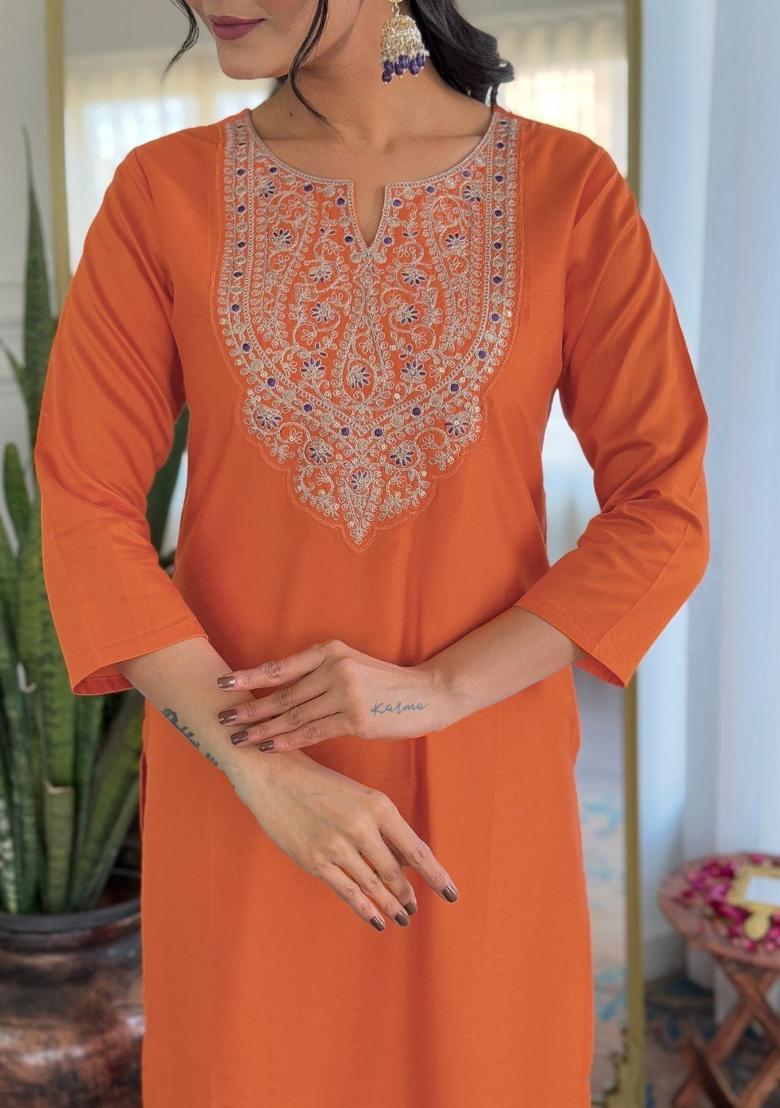 Orange Yoke Design Viscose Kurta Set - Indya