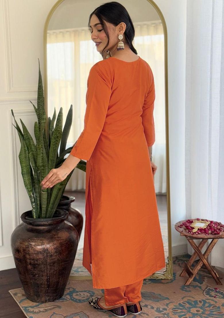 Orange Yoke Design Viscose Kurta Set - Indya