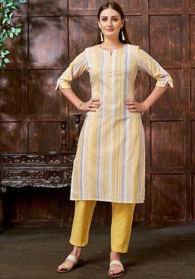 Yellow Woven Design Cotton Kurta Set