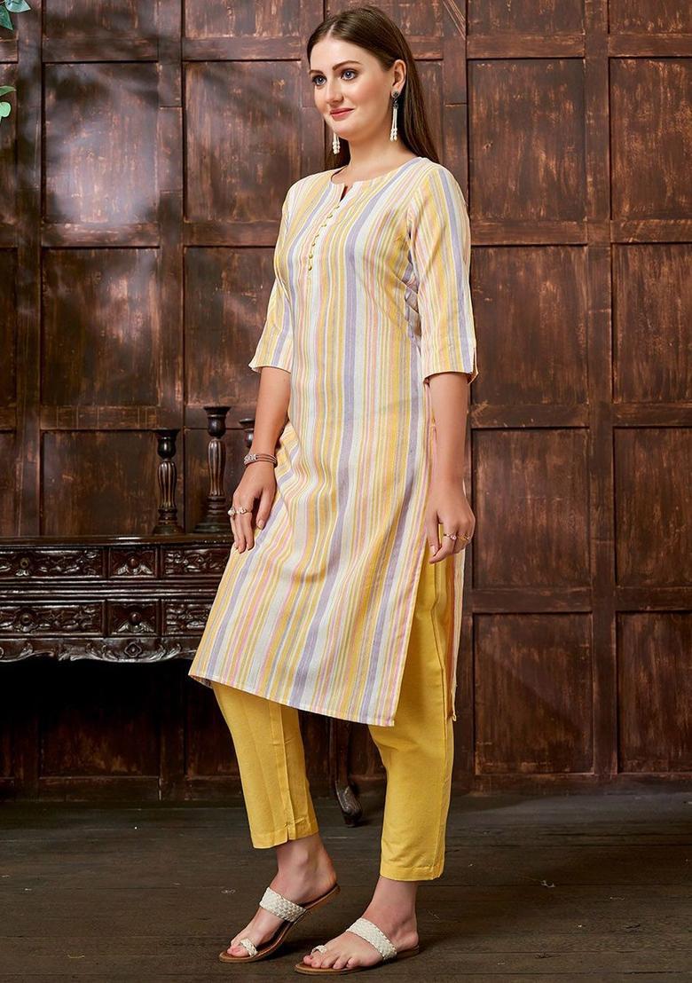 Yellow Woven Design Cotton Kurta Set - Indya