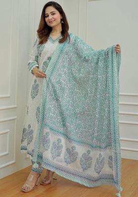 Green Printed Cotton Kurta Set