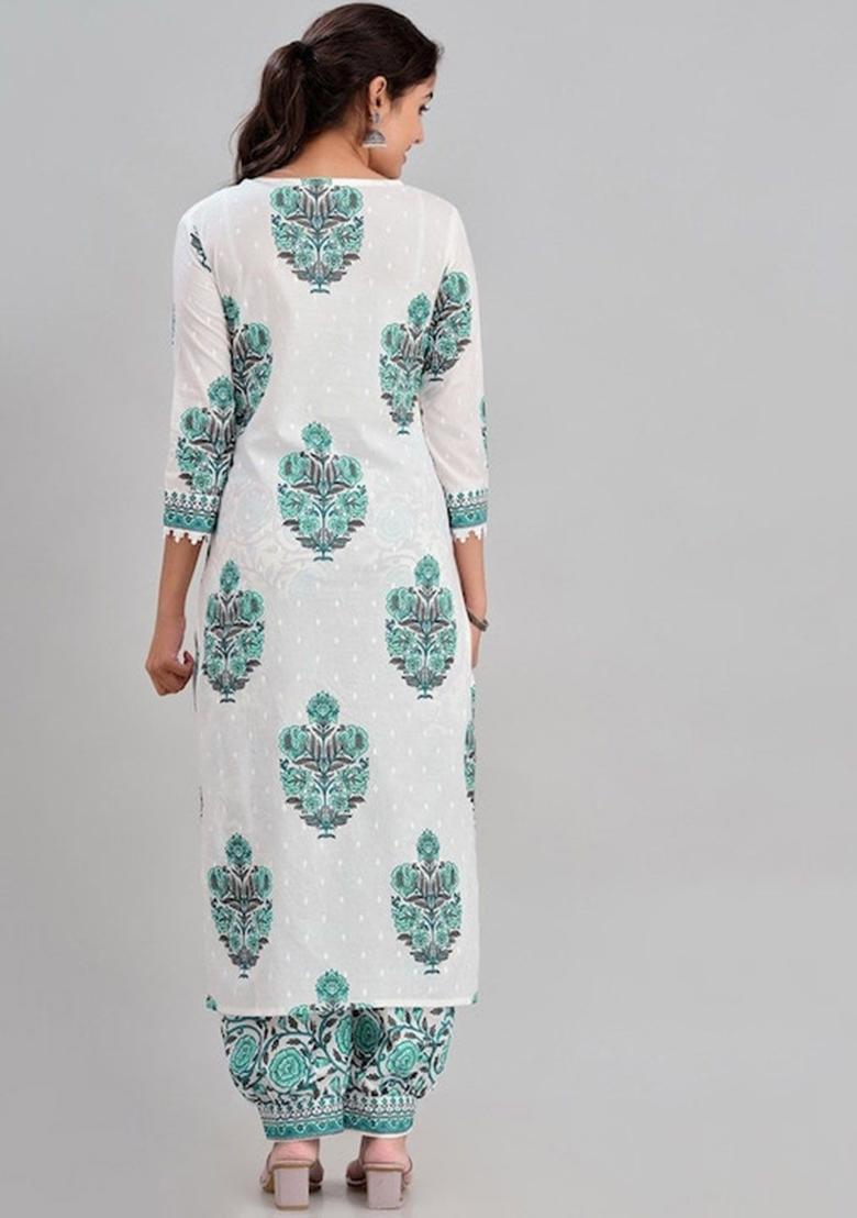 Green Printed Cotton Kurta Set - Indya