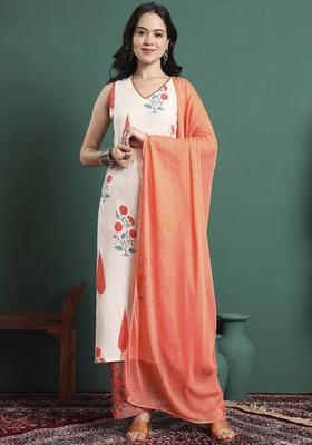 Beige Printed Cotton Kurta Set