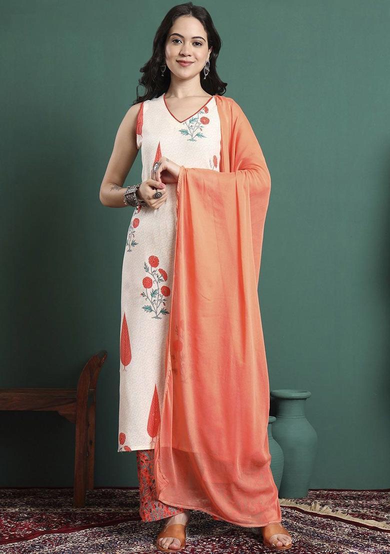 Beige Printed Cotton Kurta Set - Indya