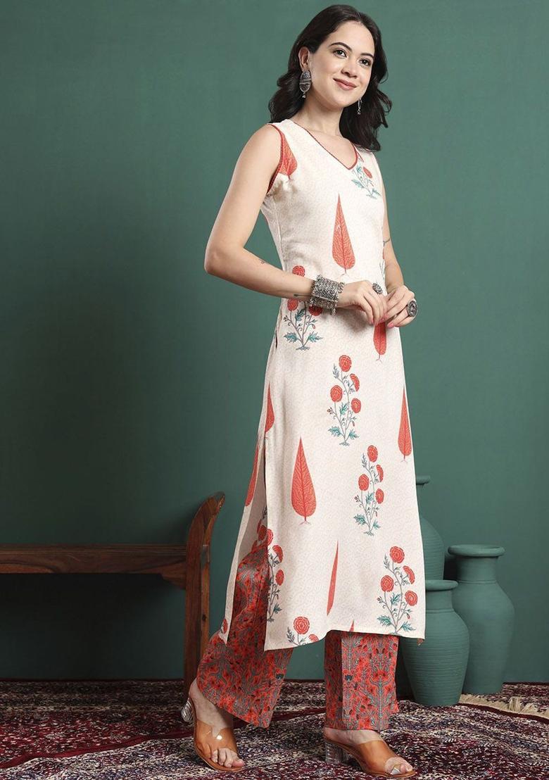 Beige Printed Cotton Kurta Set - Indya