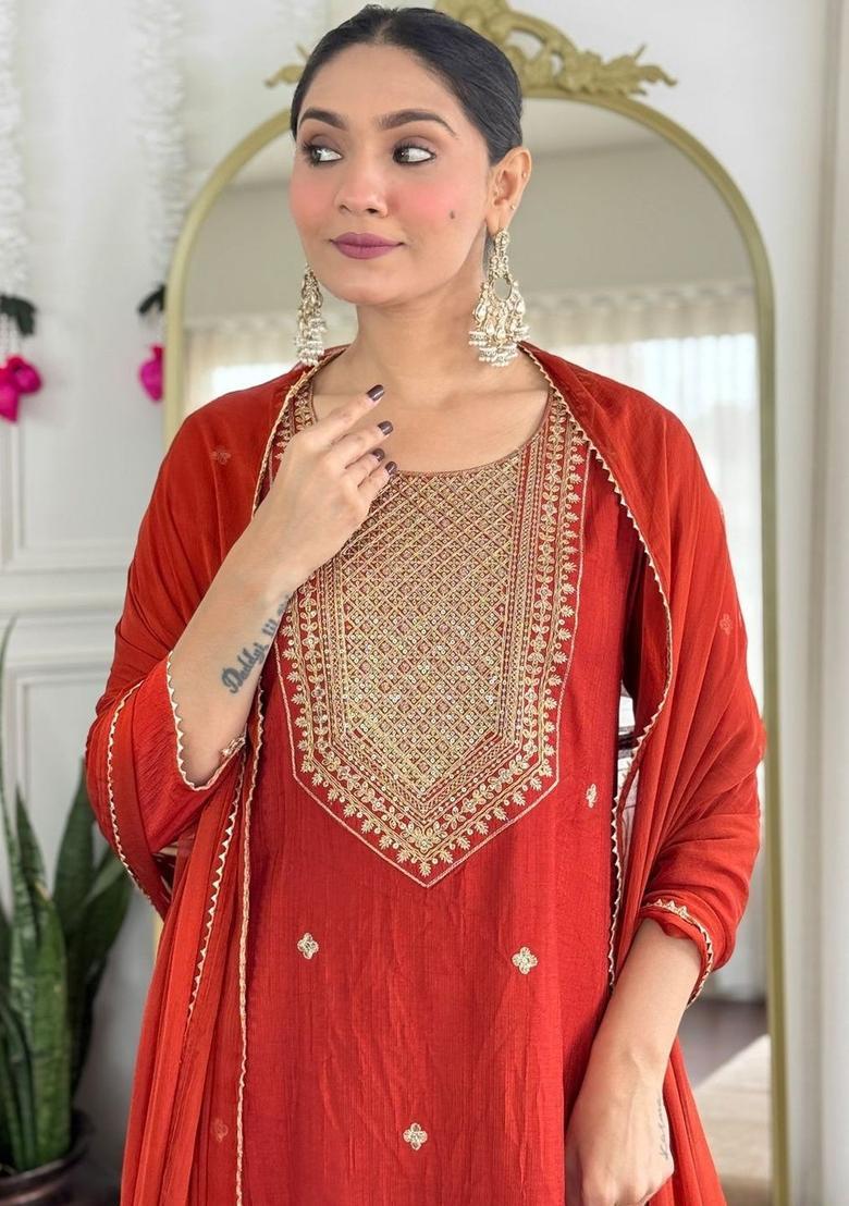 Orange Embroidered Viscose Kurta Set - Indya