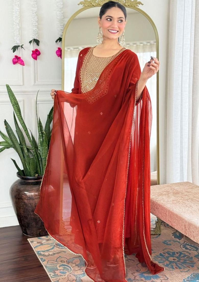 Orange Embroidered Viscose Kurta Set - Indya