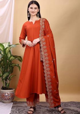 Orange Solid Viscose Kurta Set