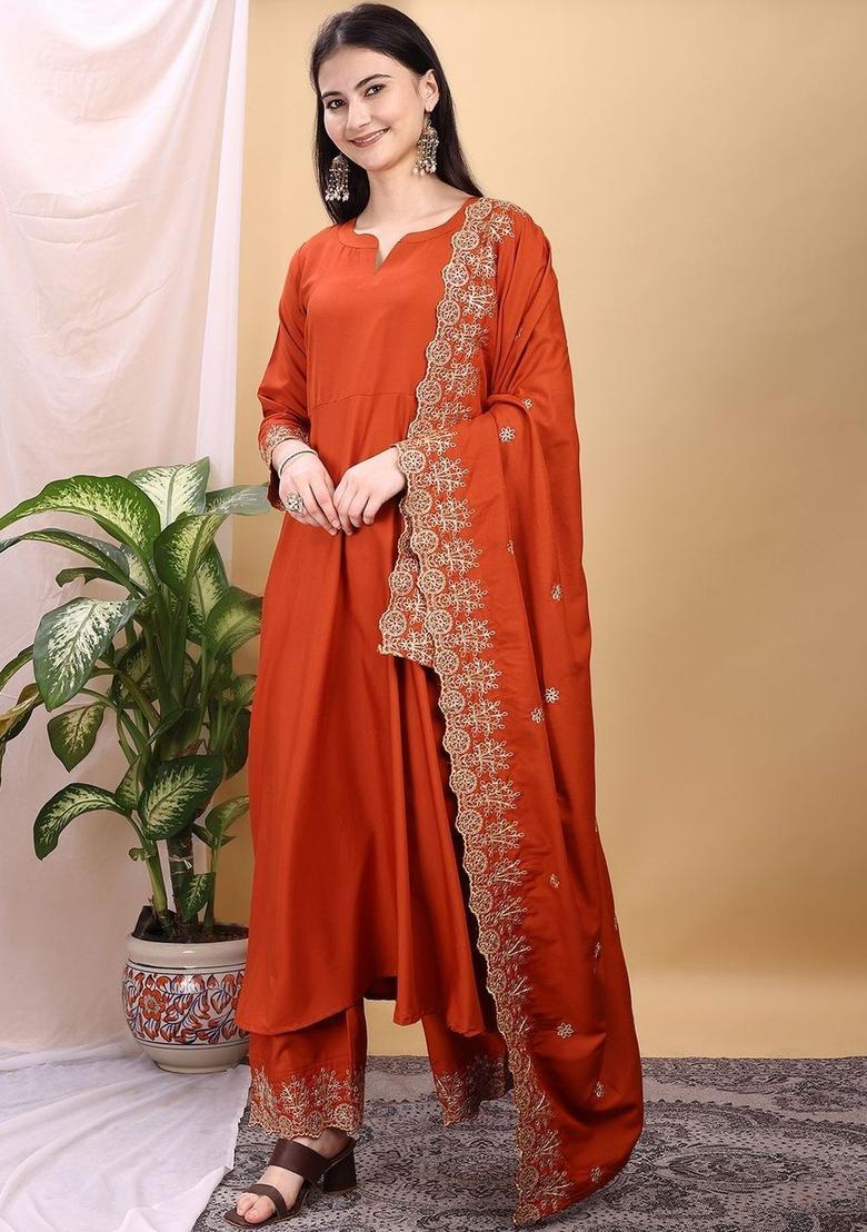 Orange Solid Viscose Kurta Set - Indya