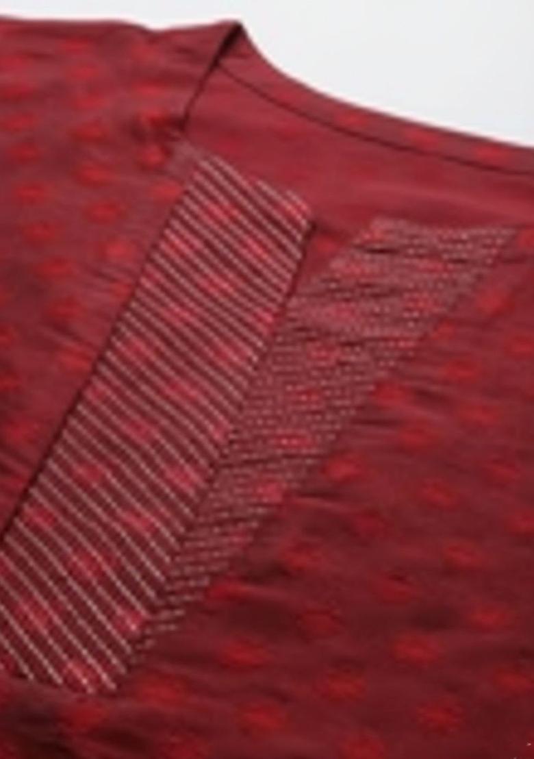Maroon Self Design Silk Kurta Set - Indya