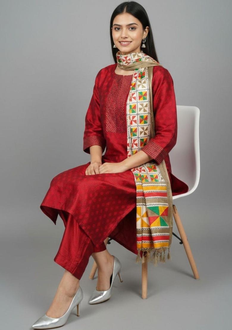 Maroon Self Design Silk Kurta Set - Indya