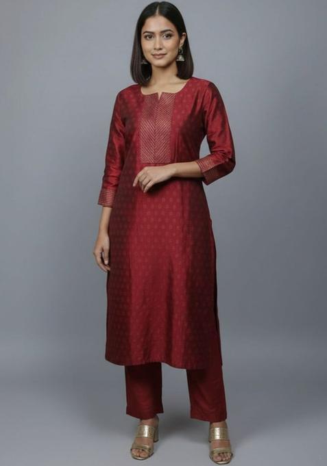 Maroon Self Design Silk Kurta Set — view on Indya