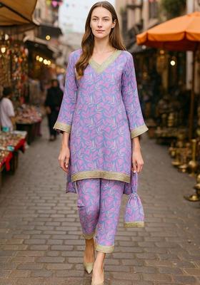 Purple Printed Cotton Kurta Set