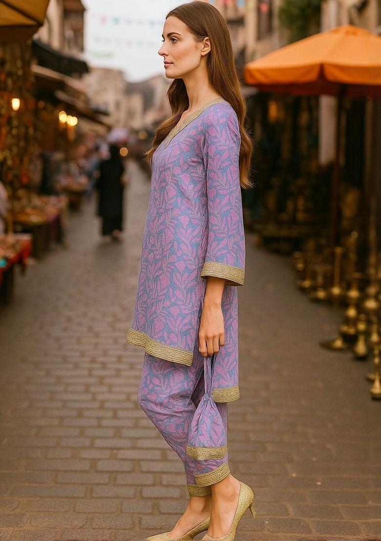 Purple Printed Cotton Kurta Set - Indya