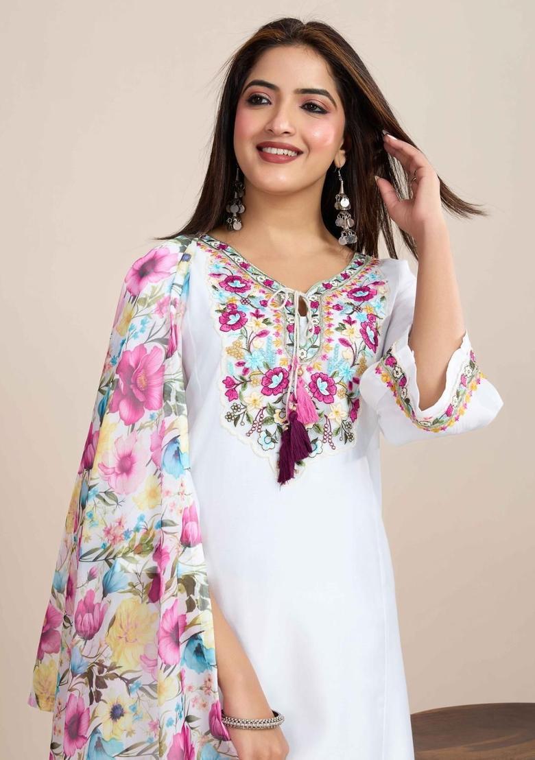 White Embroidered Silk Kurta Set - Indya